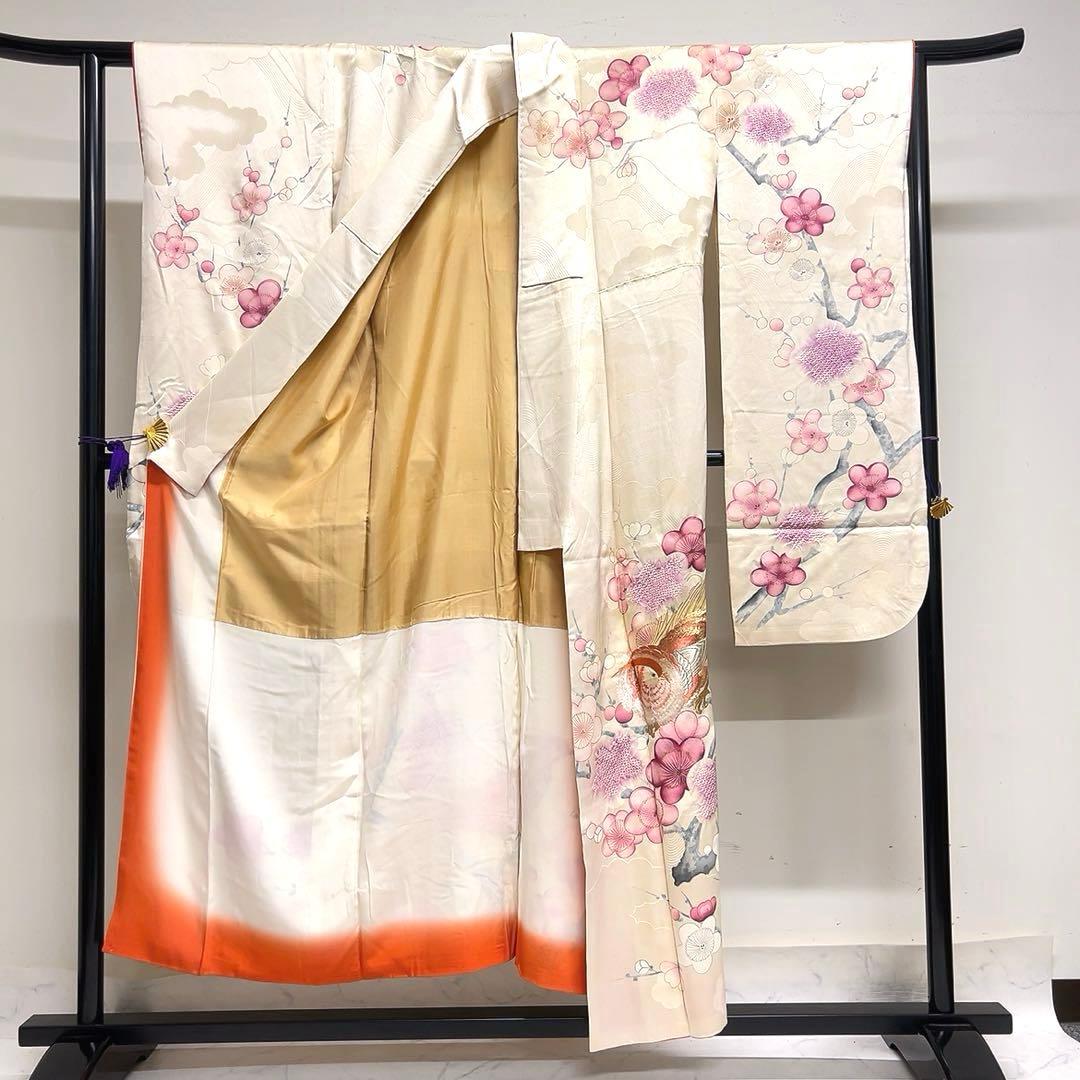 振袖　セミアンティーク　刺繍　絞り　鴛鴦　鳥　梅花　着物　092tz