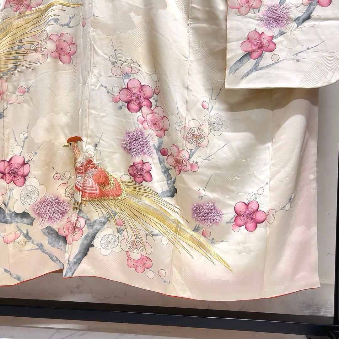 振袖　セミアンティーク　刺繍　絞り　鴛鴦　鳥　梅花　着物　092tz