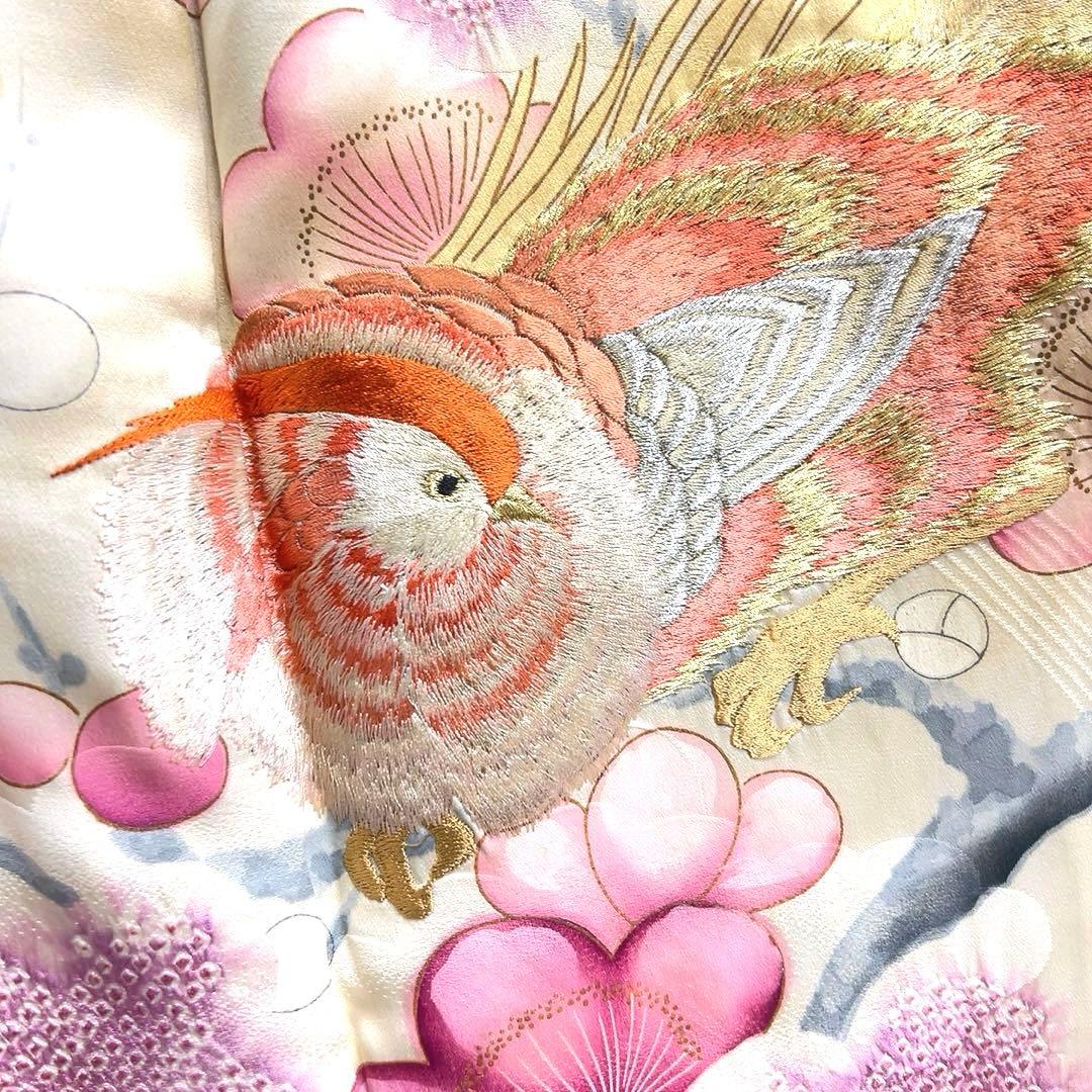 振袖　セミアンティーク　刺繍　絞り　鴛鴦　鳥　梅花　着物　092tz