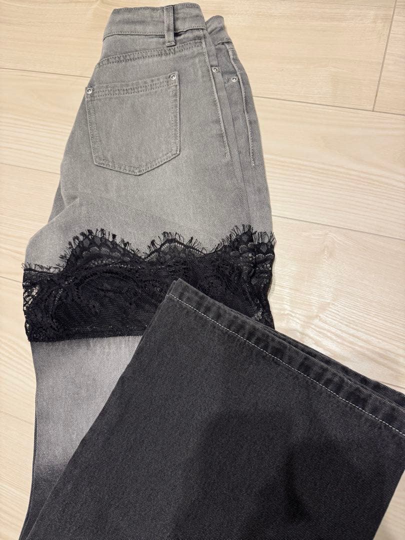 スカラップレースデニムロングパンツ