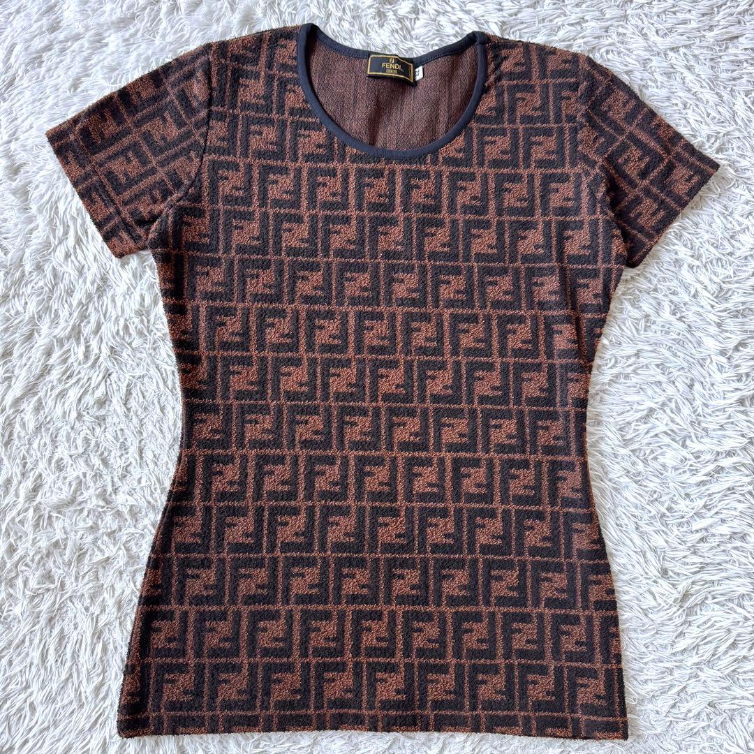 極美品　フェンディ　ズッカ　パイル　半袖Tシャツ　ブラウン　ストレッチ　42