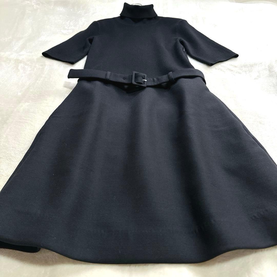 極美品 セオリー ニット ドッキングワンピース 膝丈 ハイネック フレア 黒 S