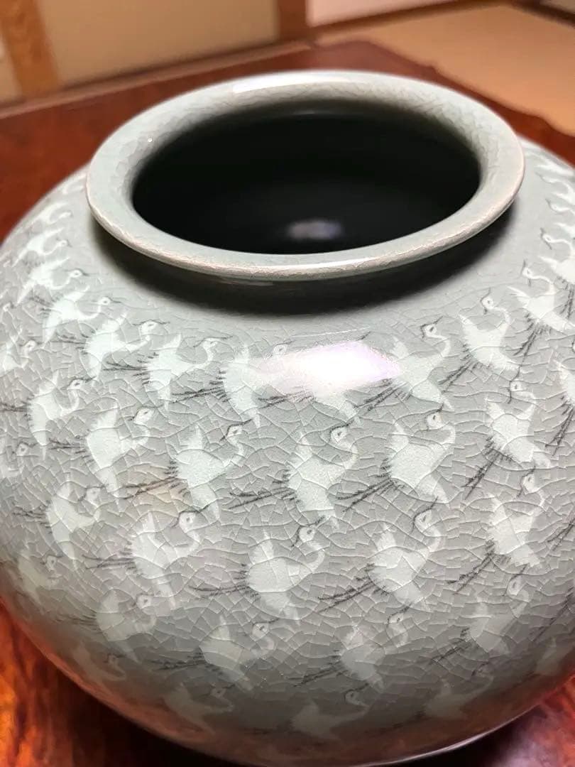 青磁　壺　花瓶 花器　芸珍　鳥模様