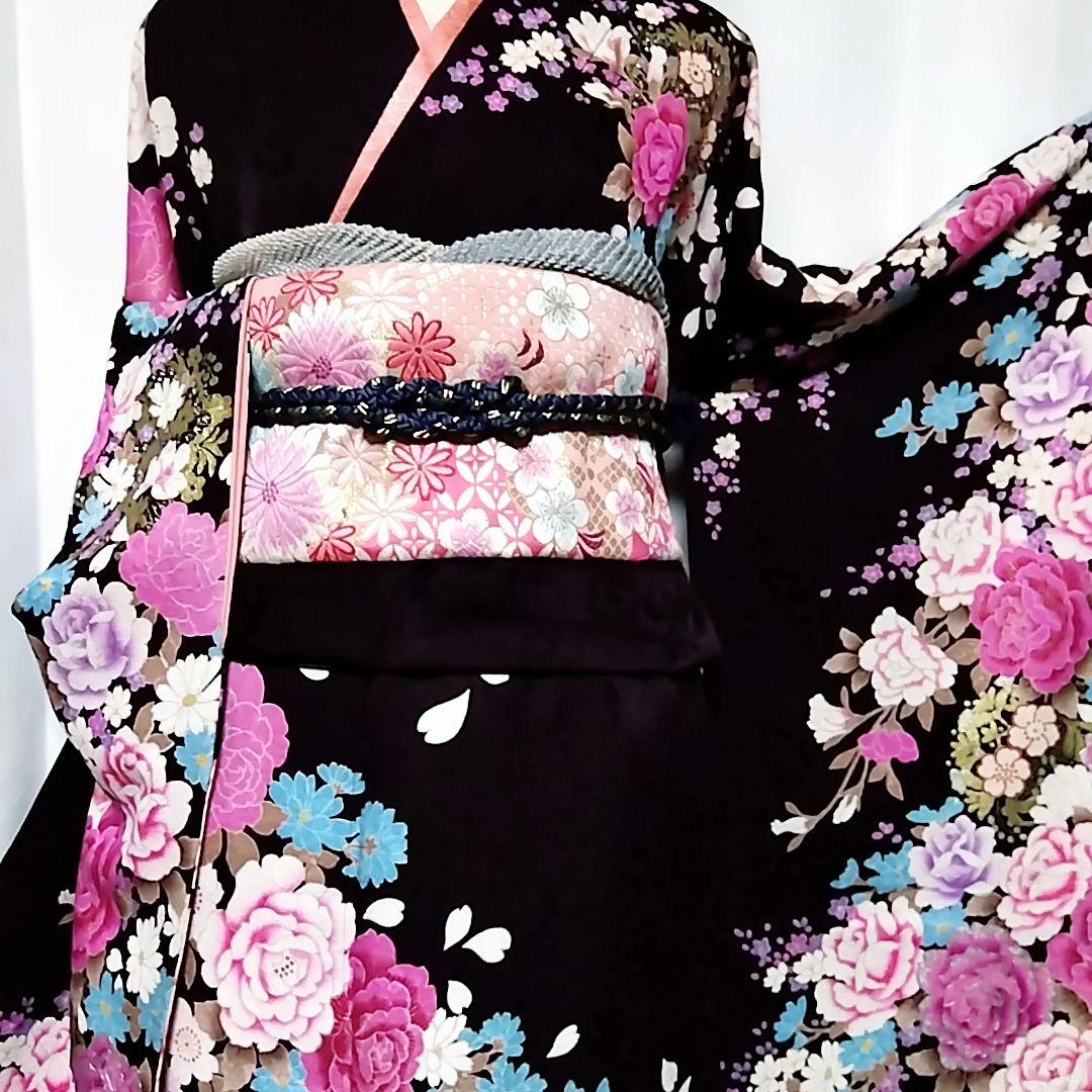振り袖 フルセット 正絹 茶紫 地紋 重ね衿 振袖 刺繍