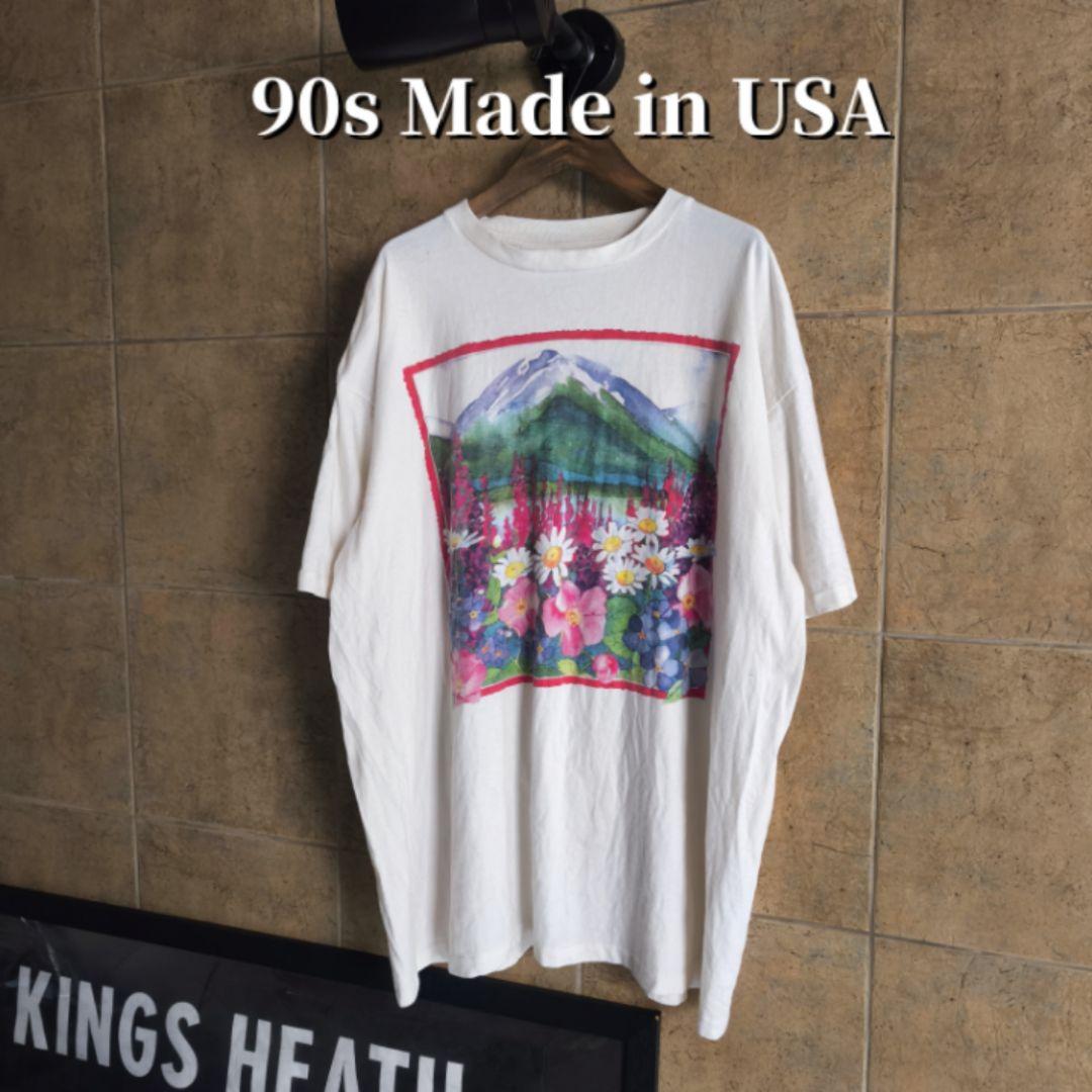 90s USA製 花柄　ネイチャー　アート　Tシャツ シングルステッチ　XXL