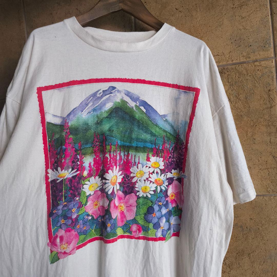 90s USA製 花柄　ネイチャー　アート　Tシャツ シングルステッチ　XXL