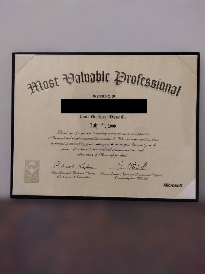 Microsoft MVP 受賞証明書 (2005年 ～ 2012年)