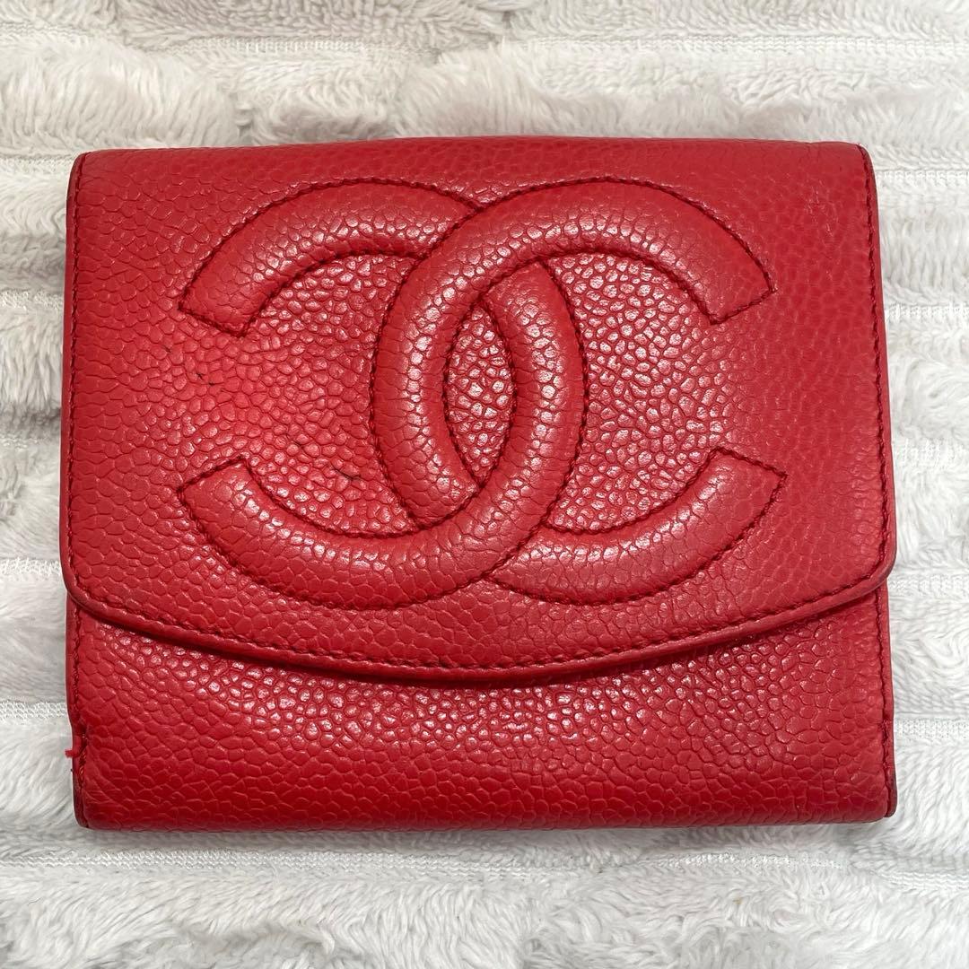 【正規品】CHANEL シャネル 二つ折り財布 キャビアスキン 赤 ココマーク