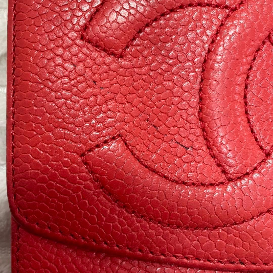 【正規品】CHANEL シャネル 二つ折り財布 キャビアスキン 赤 ココマーク