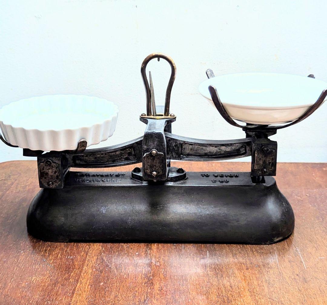 イギリスアンティーク スケール天秤 真鍮 鉄 ピューター 白磁プランターオブジェ