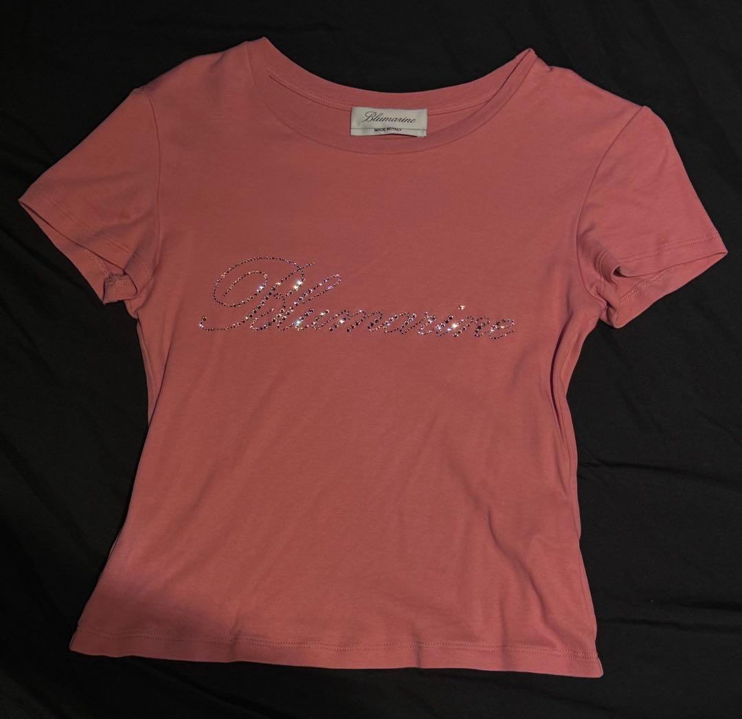 BLUMARINE ブルマリン ピンク ラインストーン ラメ ロゴ Tシャツ