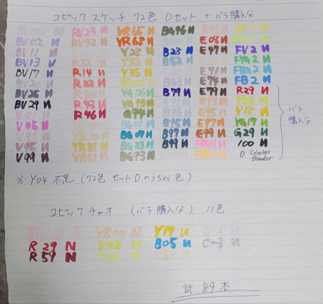 コピック 89本 (スケッチ 72色セットD(1色不足)+バラ購入(チャオ含む)
