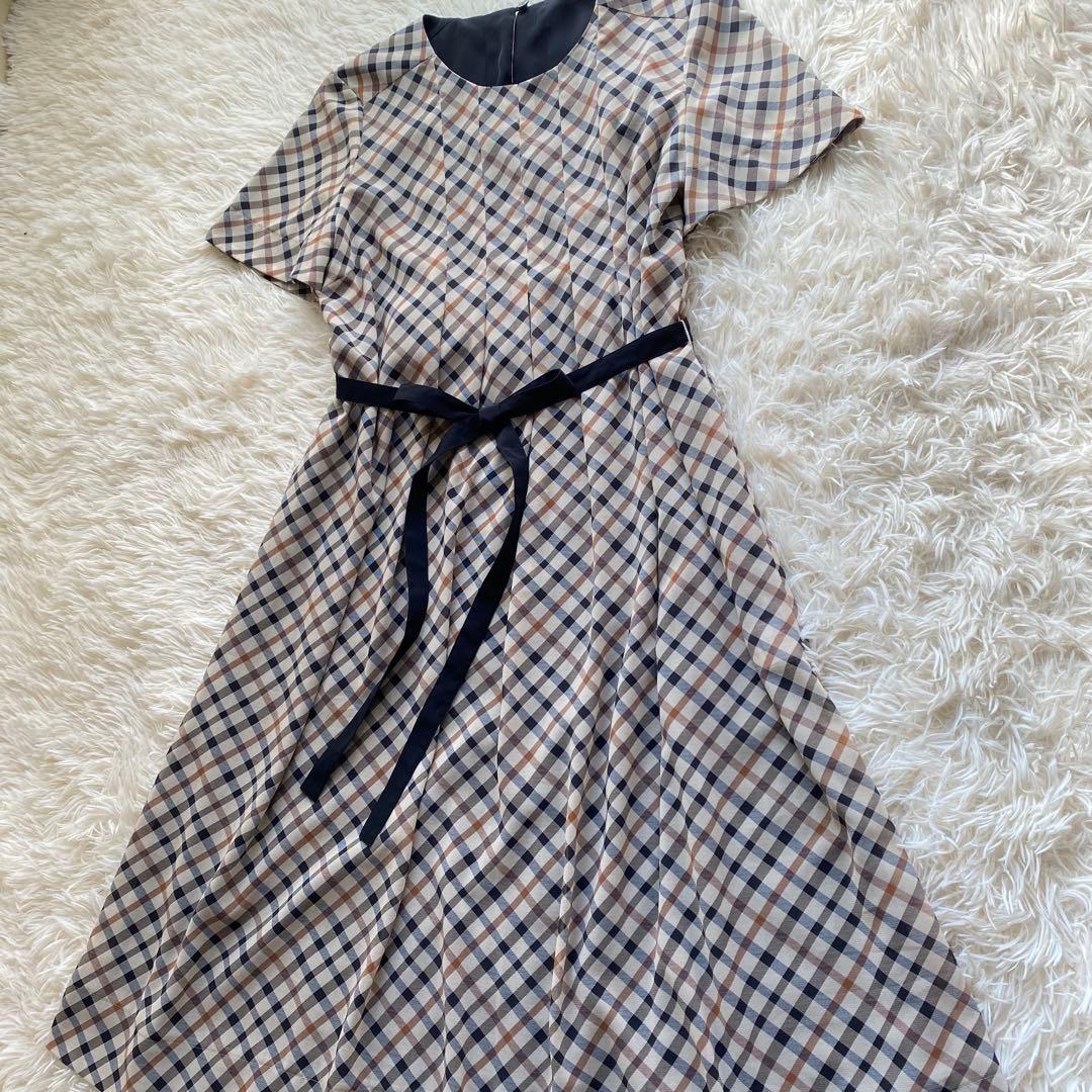DAKS ダックス ハウスチェック 胸元タック ワンピース リボンベルト 総柄