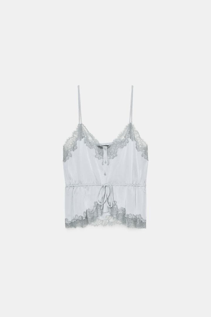 ZARA レースサテンキャミソール パステルブルー S