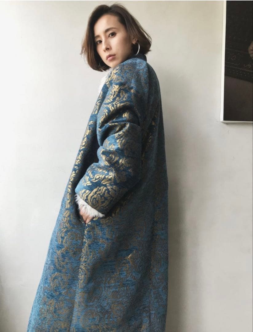 希少✨アメリヴィンテージ ダマスク柄 ノーカラー ビックシルエット コート 青