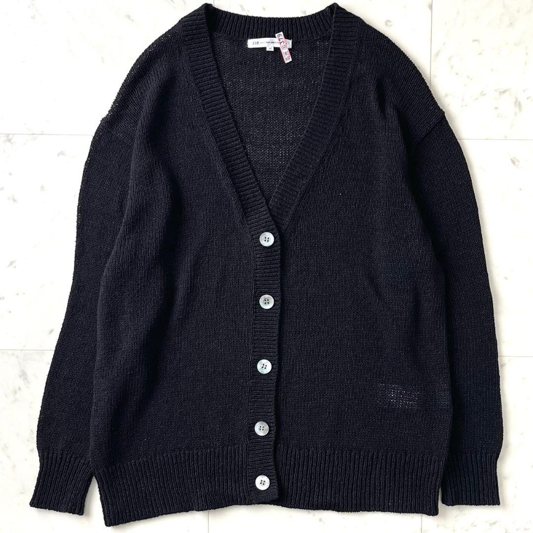 美品♪23区 リネンシルクVネックカーディガン 44 大きいサイズ 黒 洗える
