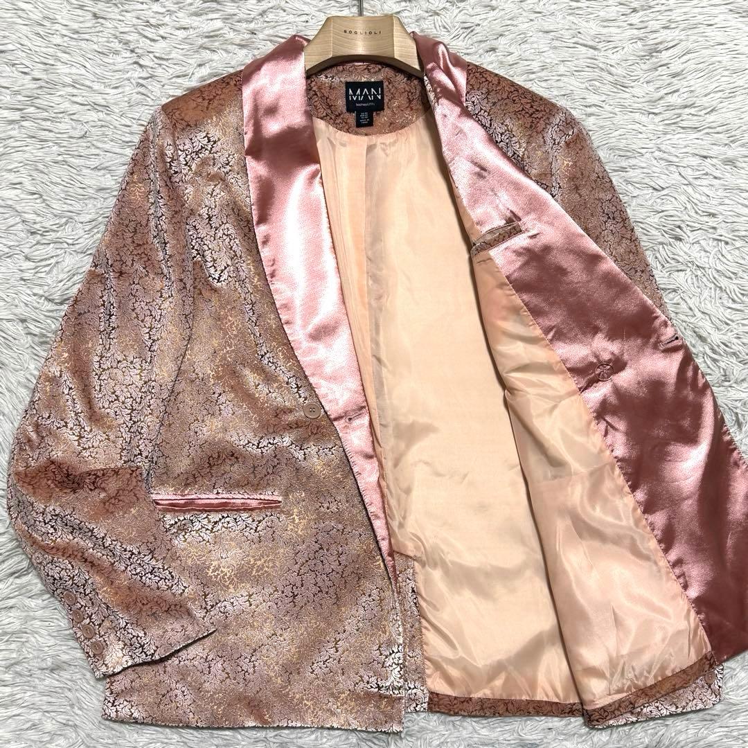 美品 boohooMAN 総柄 ベロア タキシード テーラードジャケット ピンク