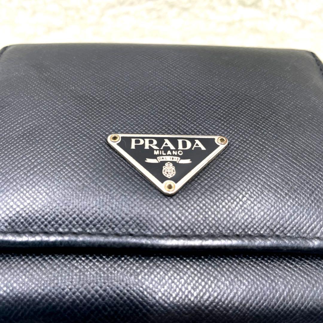 美品 プラダPRADA サフィアーノレザー 3つ折り 財布 三角ロゴ ブラック