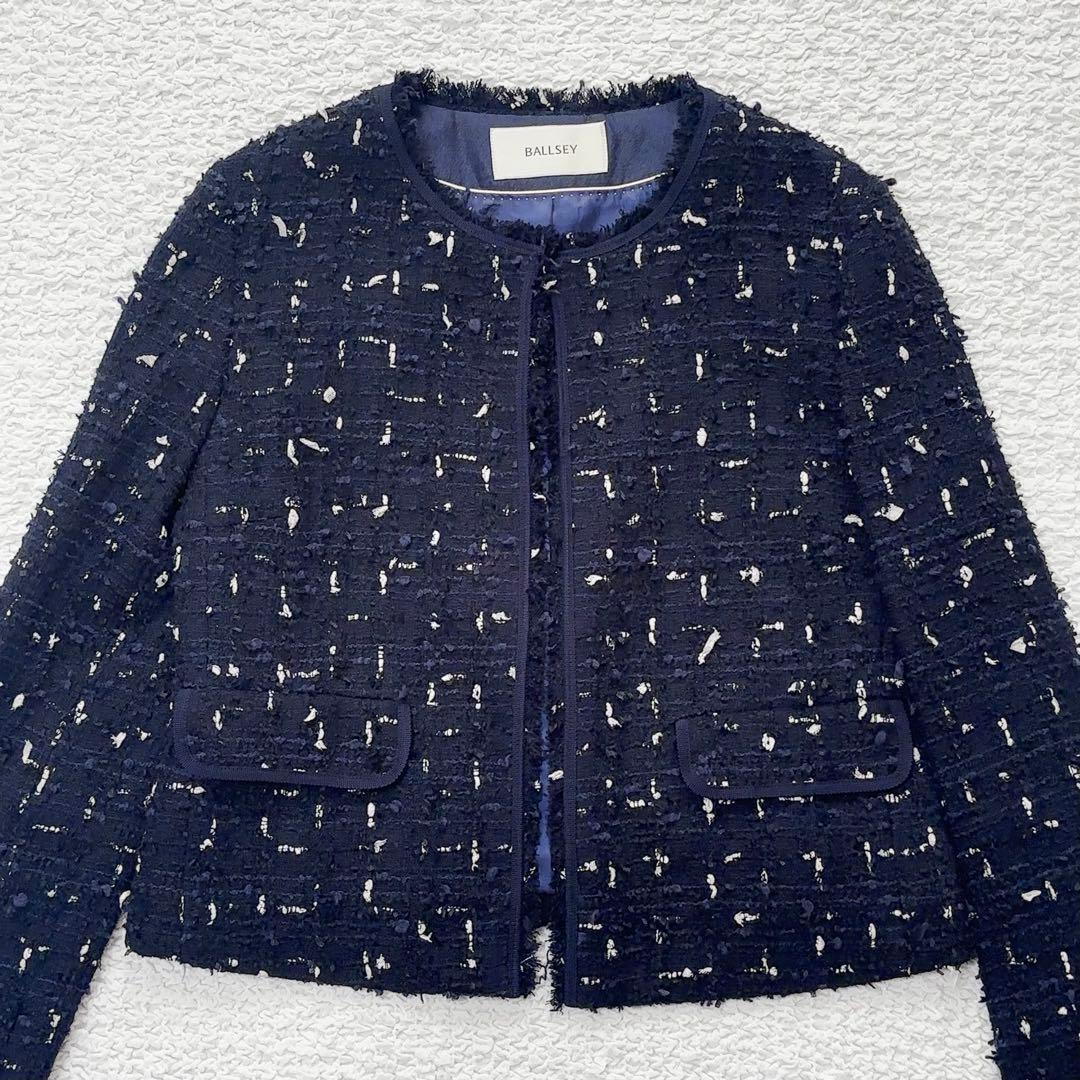 BALLSEY ボールジィ ツイード ノーカラージャケット ネイビー M 紺