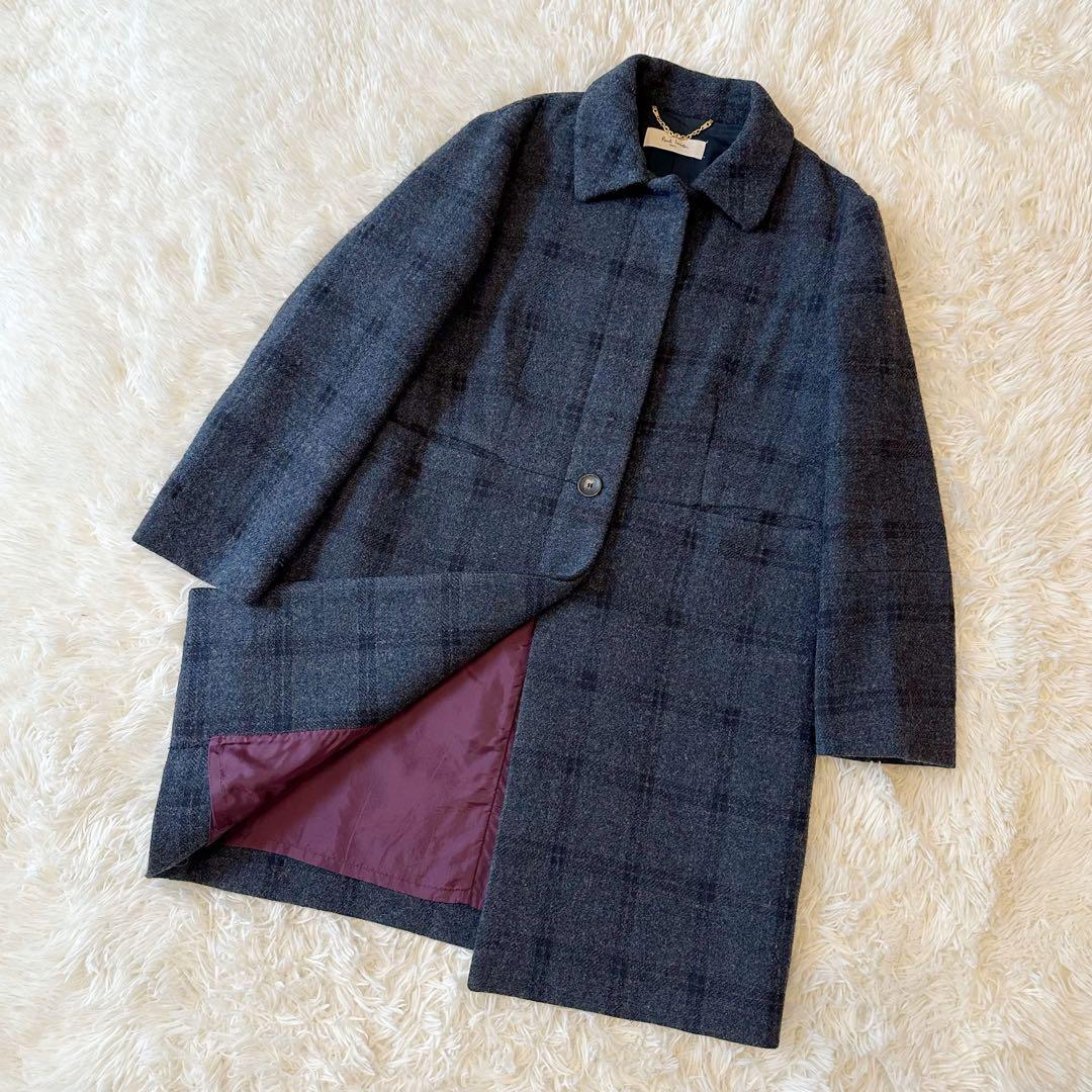 美品 Paul Smith ステンカラーコート チェック ネイビー オンワードL
