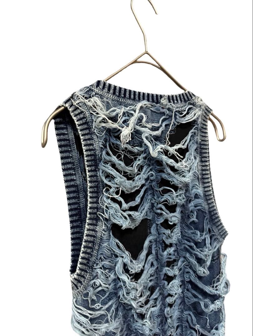 新品 DIESEL ワンピース S フリンジ デニムダメージ加工 ニット ドレス