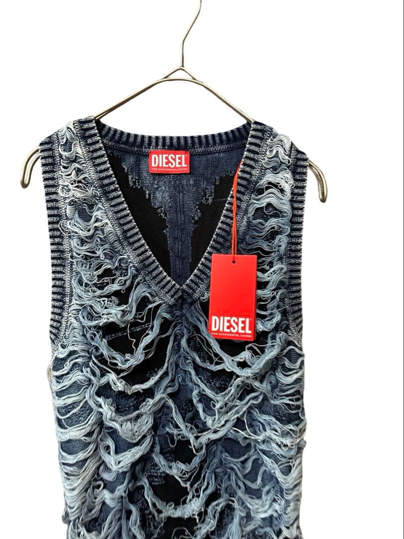 新品 DIESEL ワンピース S フリンジ デニムダメージ加工 ニット ドレス