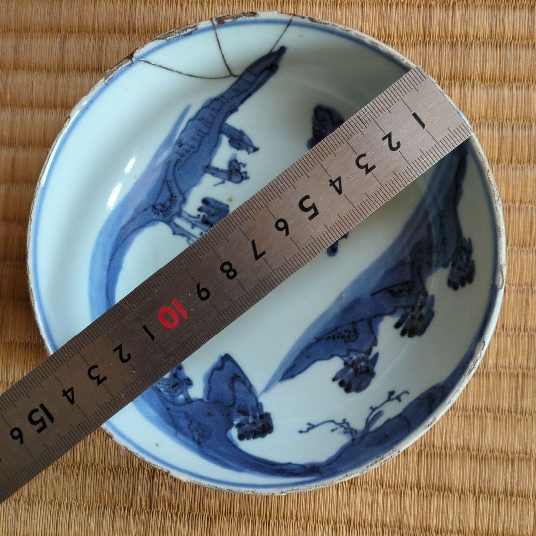 青い風景画の陶器の皿　古染付　骨董品