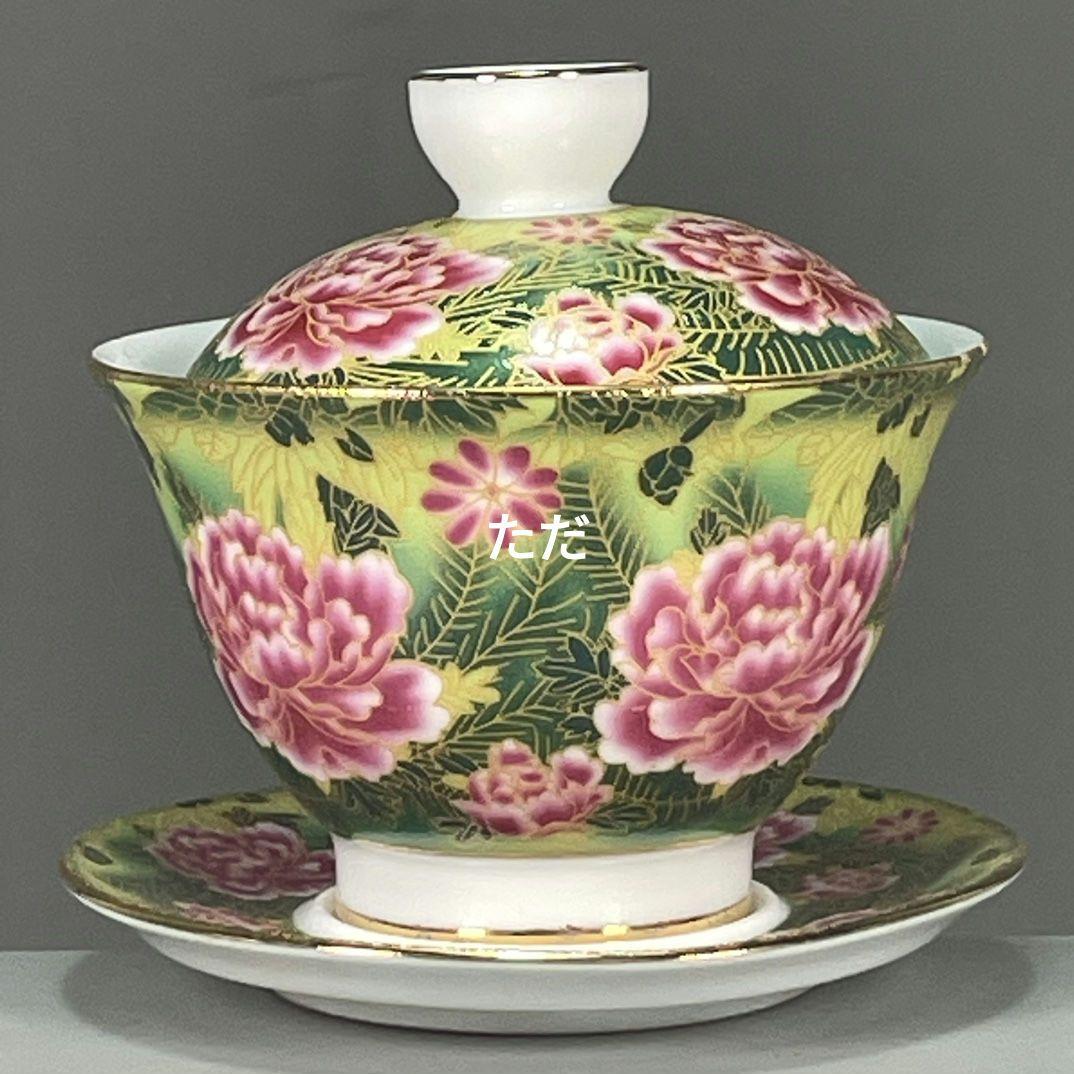 中国茶器 景徳镇 粉彩花卉図柄三才蓋茶碗 蓋付き茶器 飲茶食器 煎茶具 未使用品