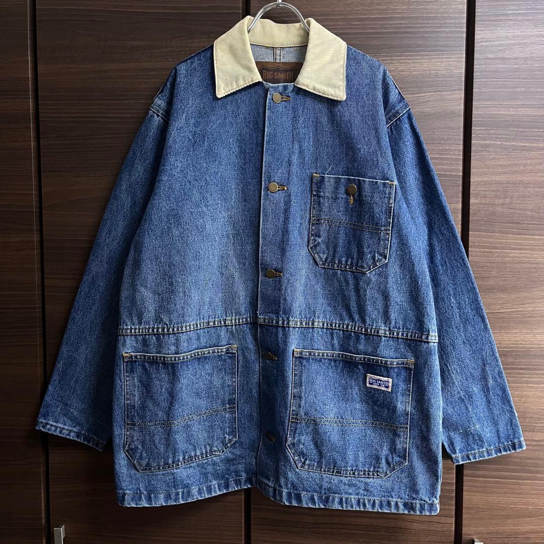 80s USA製 BIG SMITH デニムカバーオール M 襟コーデュロイ