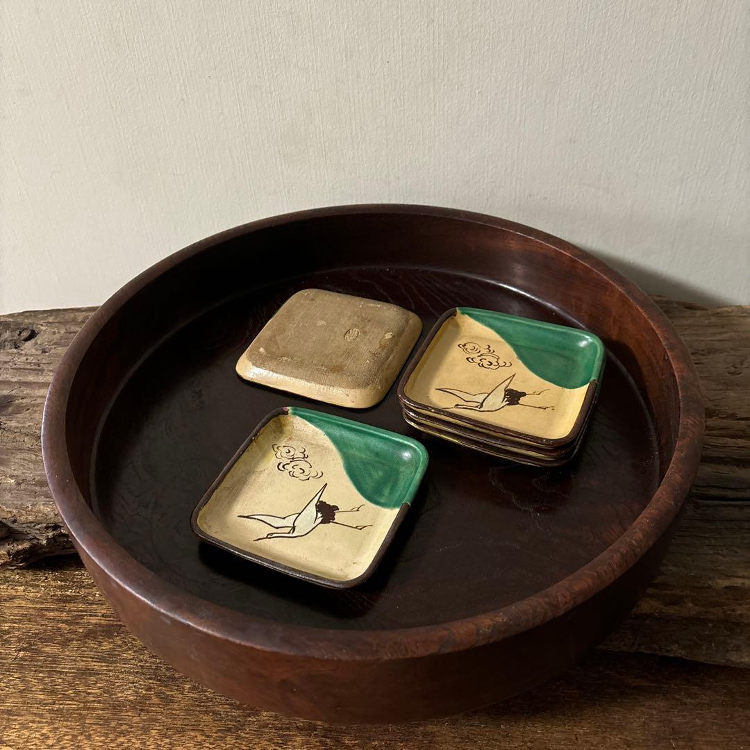 萬古焼　織部雲鶴図小皿5点　豆皿　瀬戸　明治　茶道具　懐石　小鉢　酒器　検:李朝