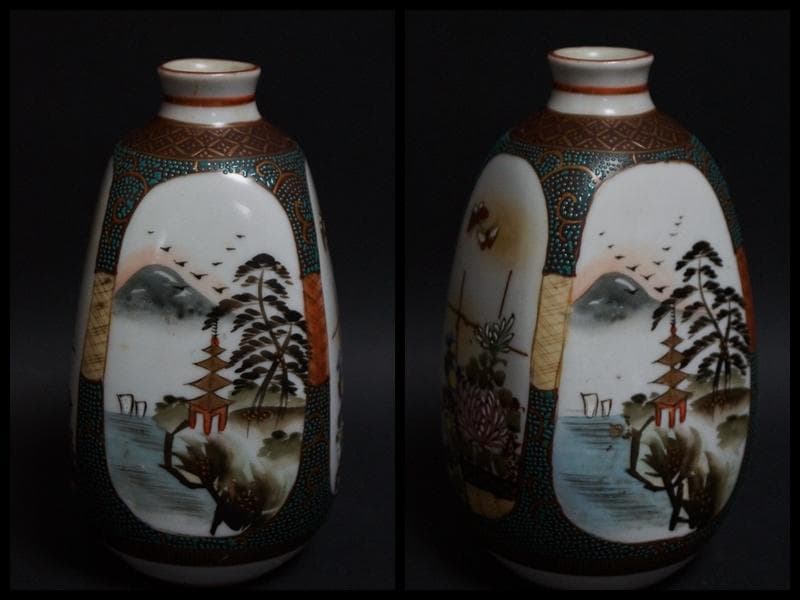 明治期 九谷焼 金彩色絵『山水風景花蝶文』徳利 青粒 / 酒器☆時代物