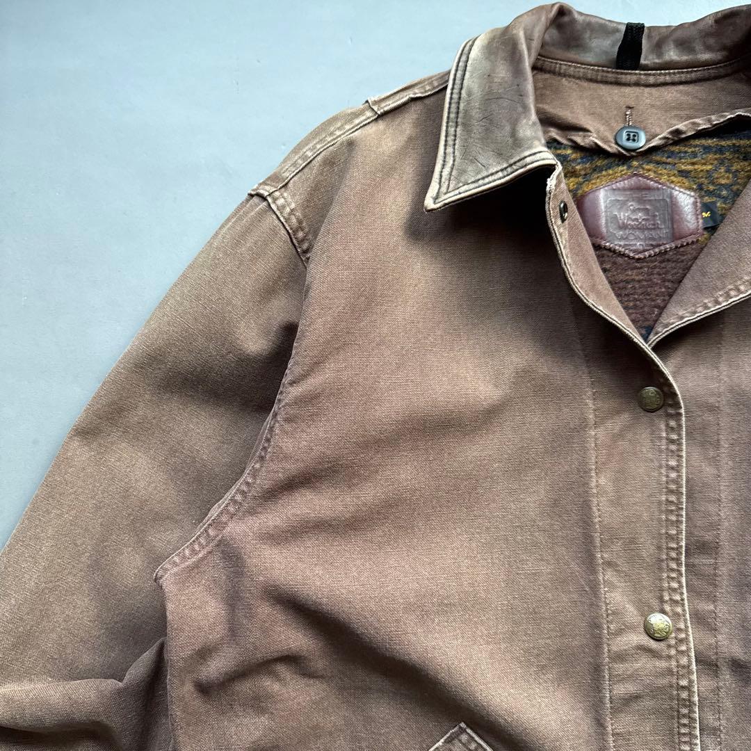 90s USA製 Woolrich 襟レザー ダック ハンティングジャケット 茶