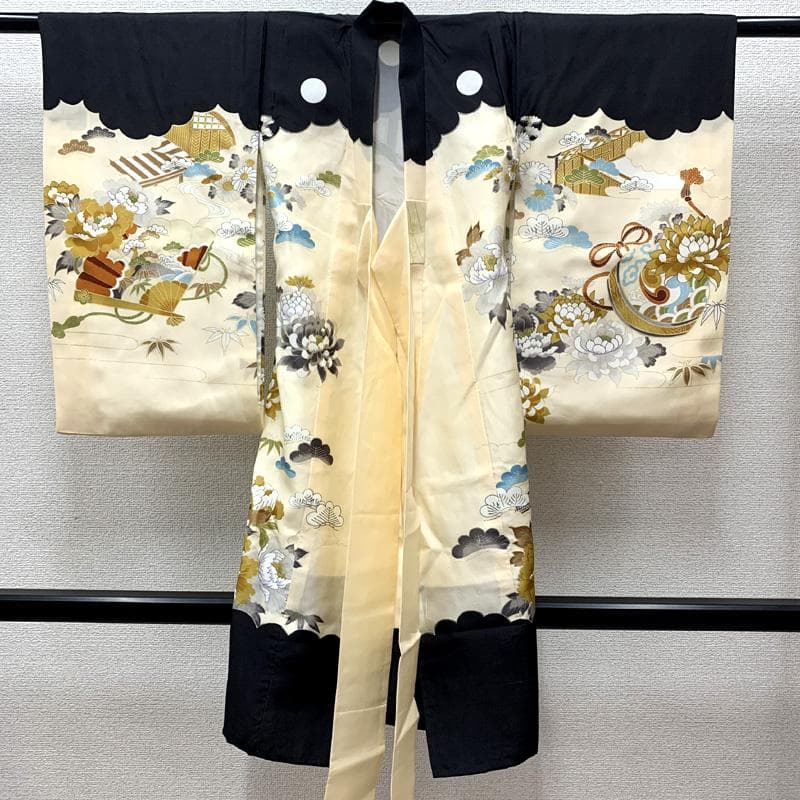505ay24□お宮参り 男児 祝い着 着物 掛け着 熨斗目 金彩 龍に兜□美品