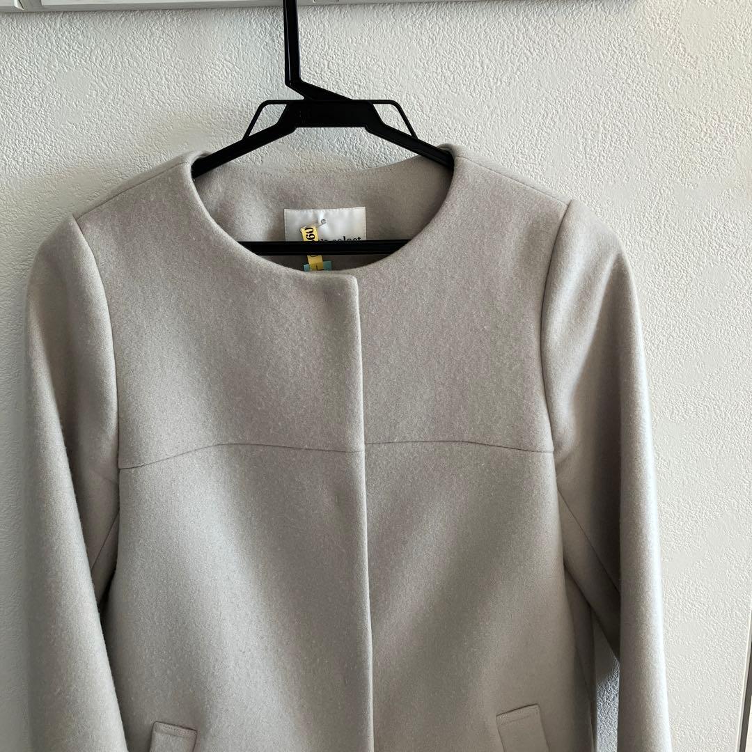 【クリーニング済】M-PREMIER ウール　ノーカラーコート　34サイズ