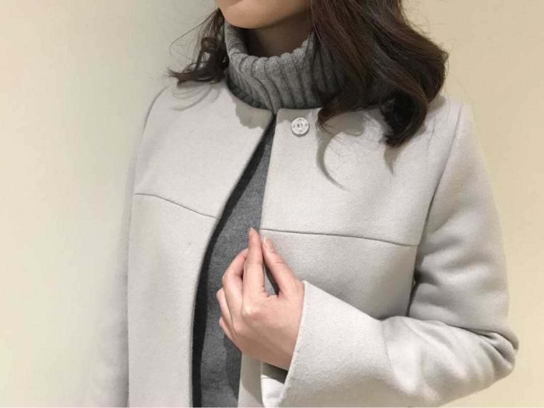 【クリーニング済】M-PREMIER ウール　ノーカラーコート　34サイズ