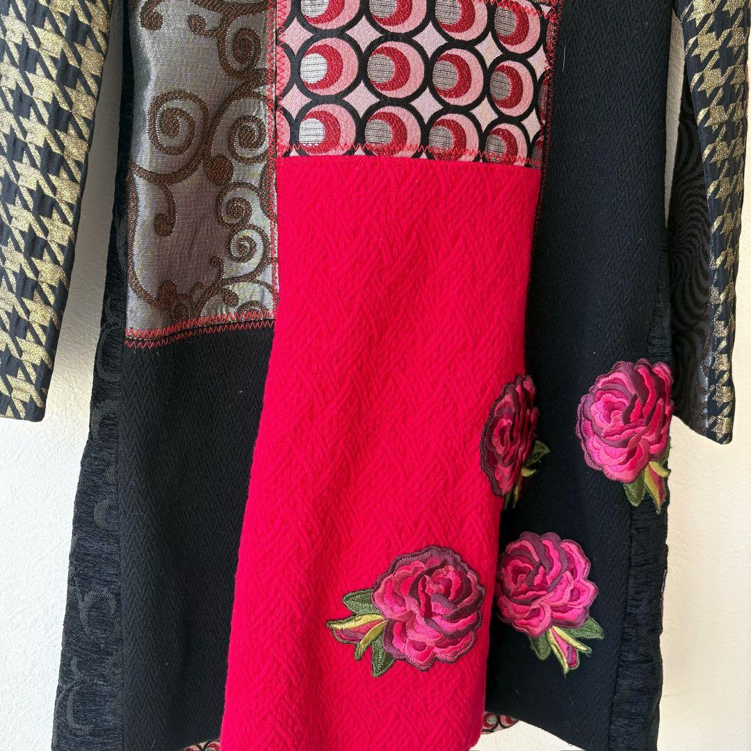 【13】中古Desigual デシグアル パッチワーク風ロングコート 薔薇 40