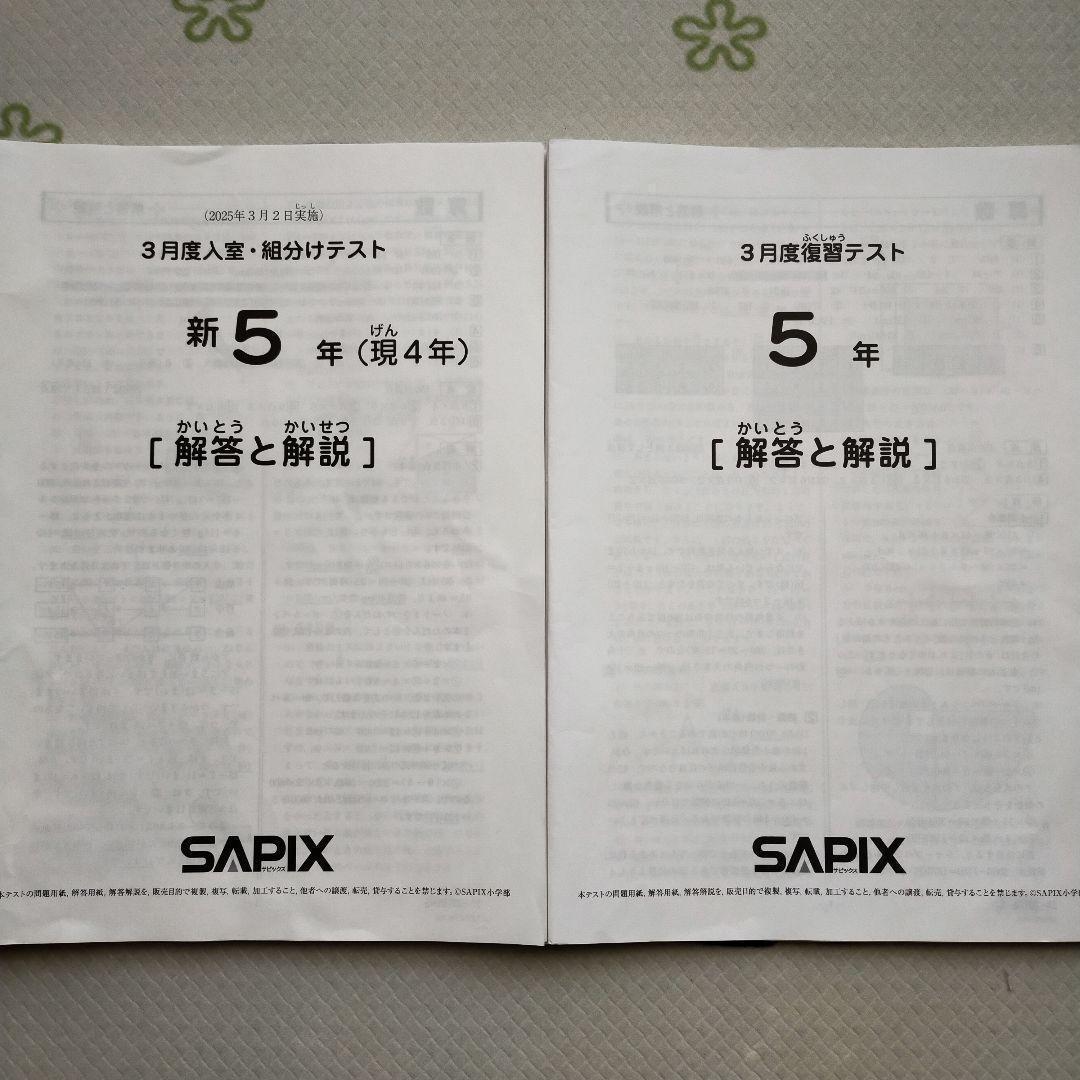 サピックス新5年生 2025年3月 3月度組分けテスト 復習テスト　新小5