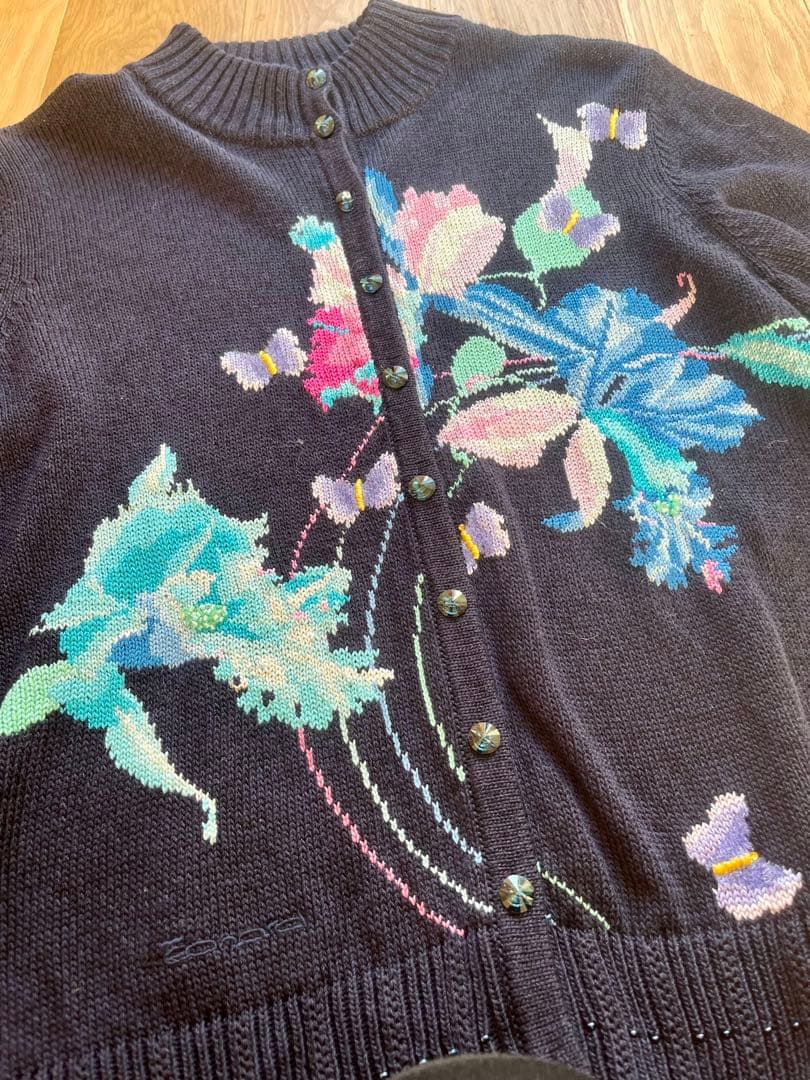 LEONARD 花柄刺繍 ネイビー カーディガン