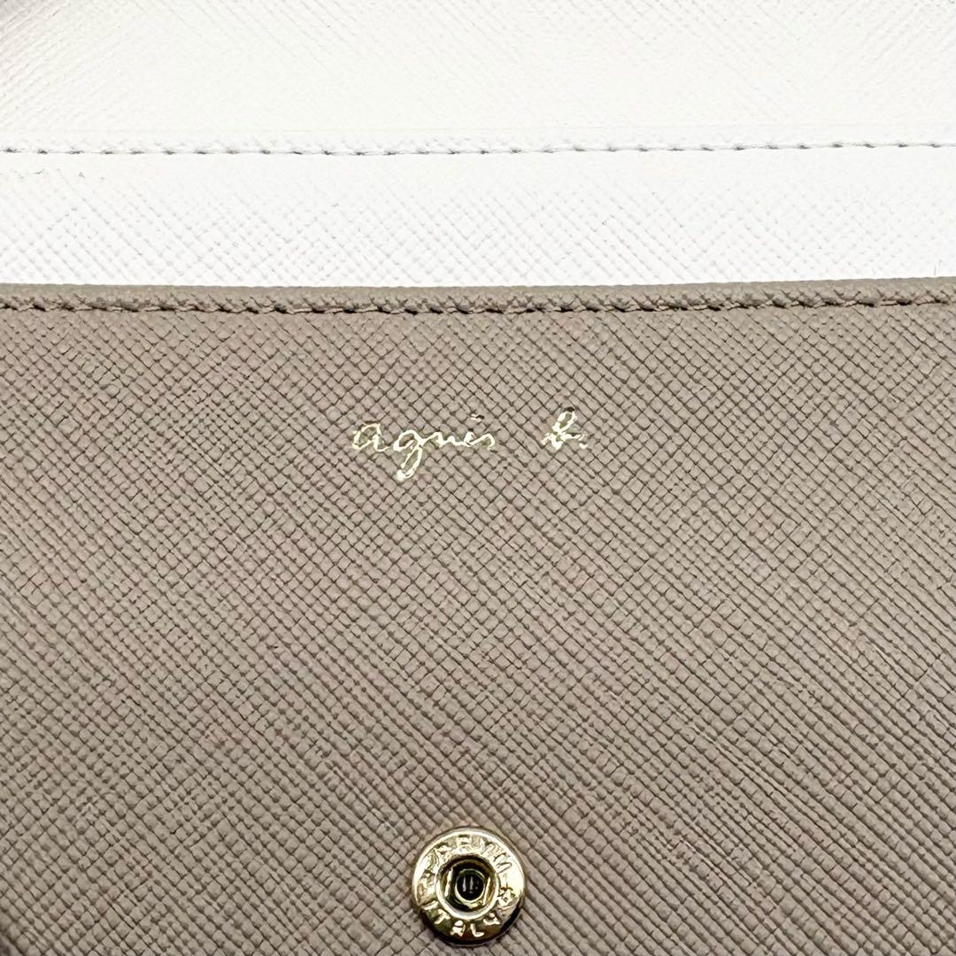 【美品】アニエスベー レザー 二つ折り財布 型押し ロゴ金具 ミニ ベージュ