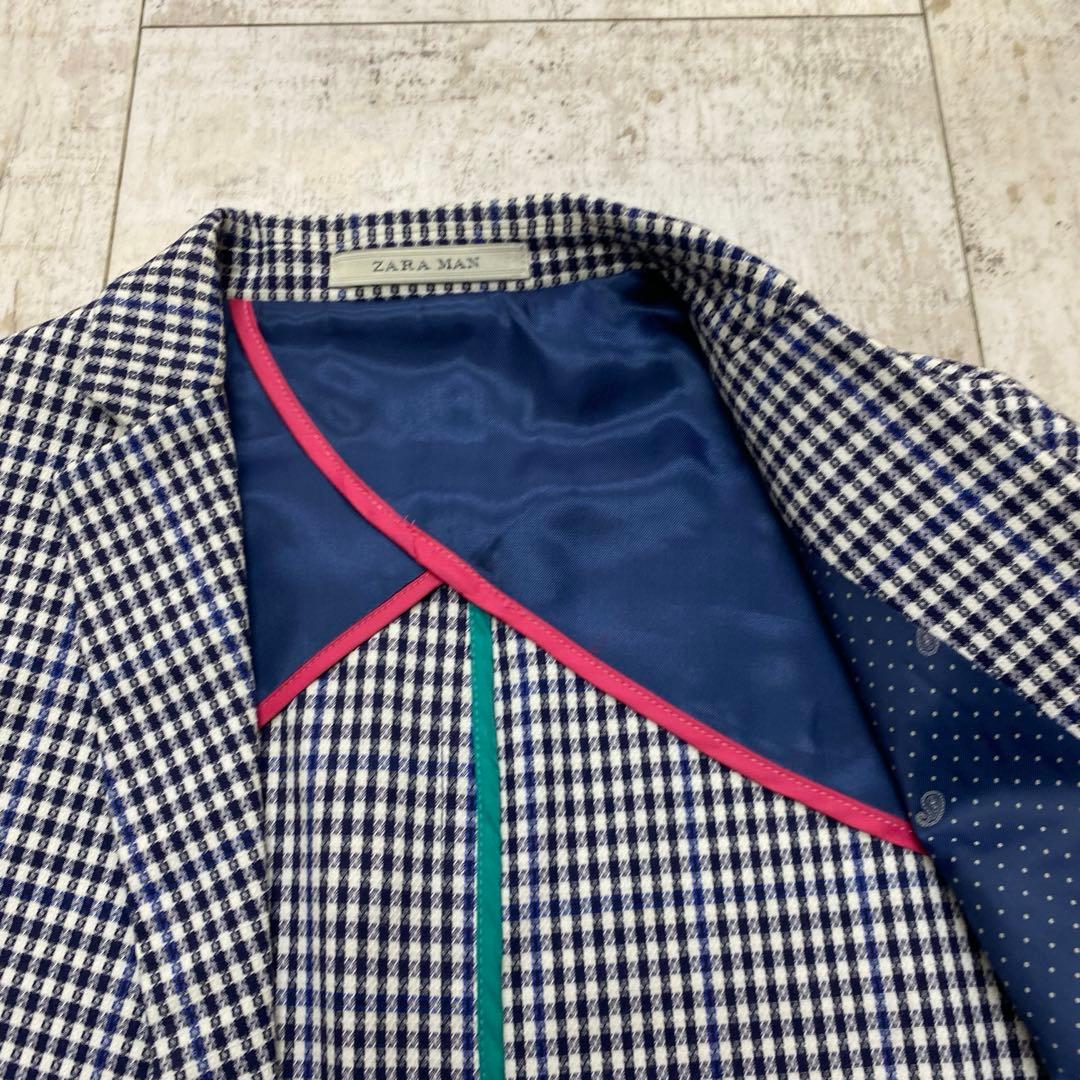ZARA ザラ チェック柄 テーラードサマージャケット 48 ネイビー
