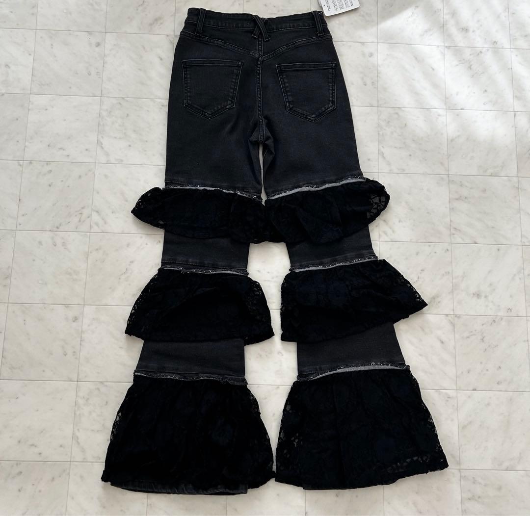 【タグ付】jouetie ジュエティ　レースフリルフレアデニムパンツ　ブラック