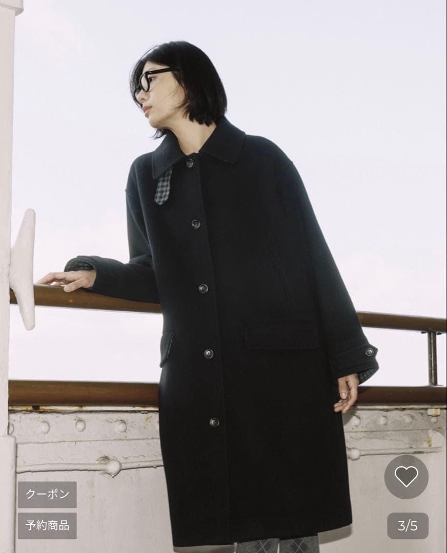 ジャケット・アウター oheshio CHECK WOOL LONG COAT, BLACK