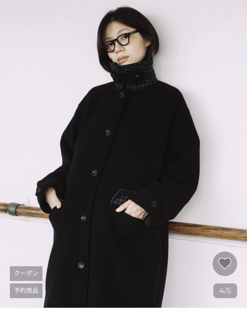 ジャケット・アウター oheshio CHECK WOOL LONG COAT, BLACK