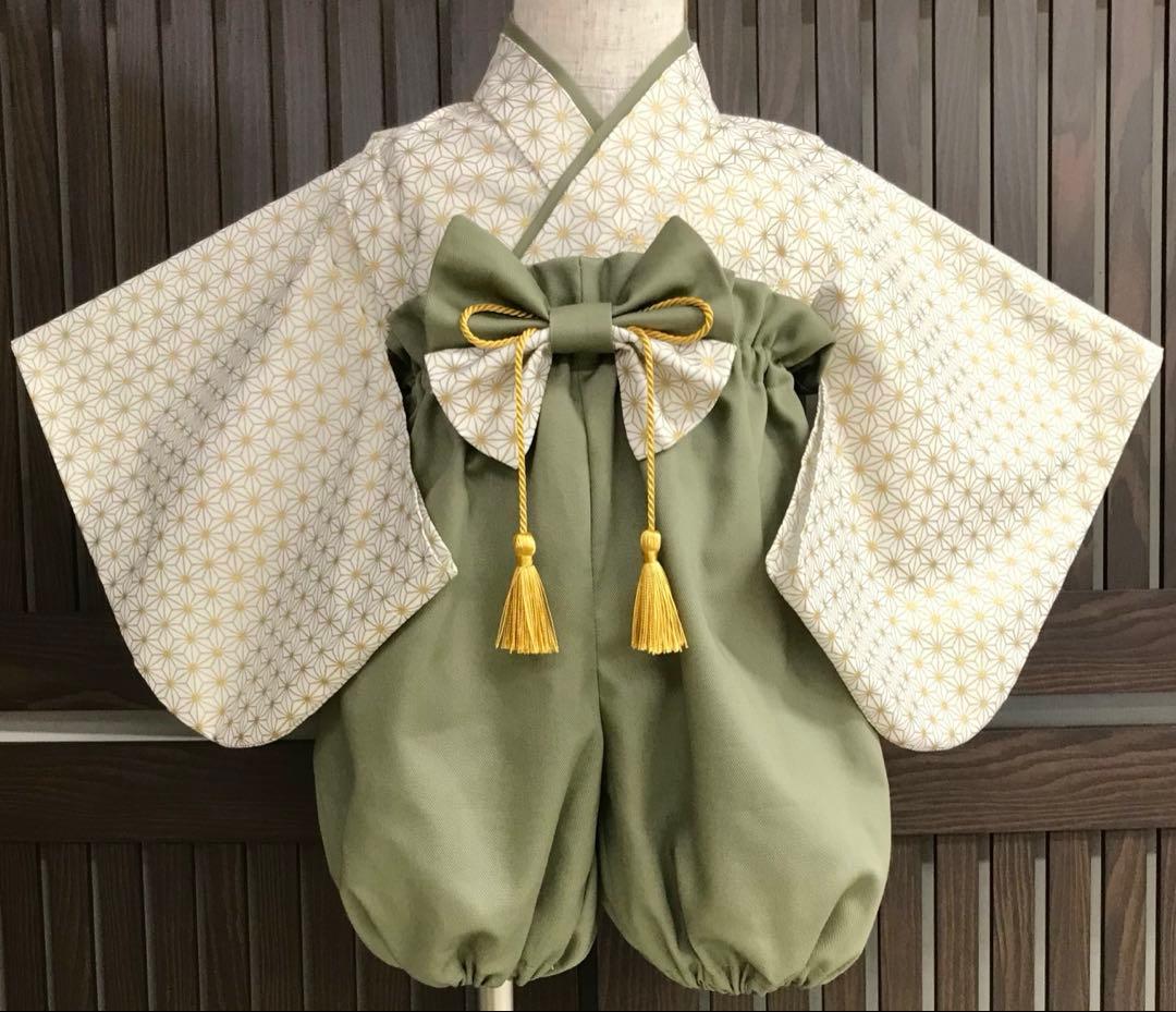のん☺︎ベビー袴ハンドメイド　金麻の葉柄× オリーブグリーン