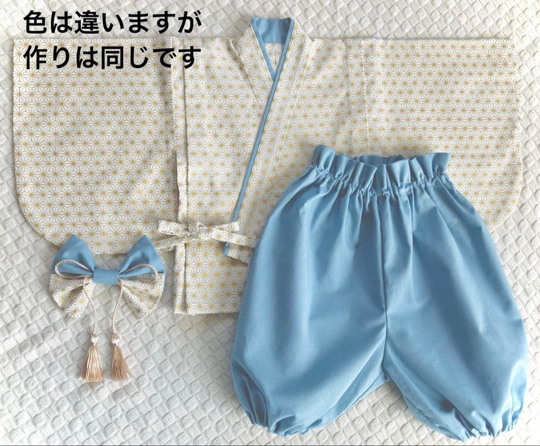 のん☺︎ベビー袴ハンドメイド　金麻の葉柄× オリーブグリーン