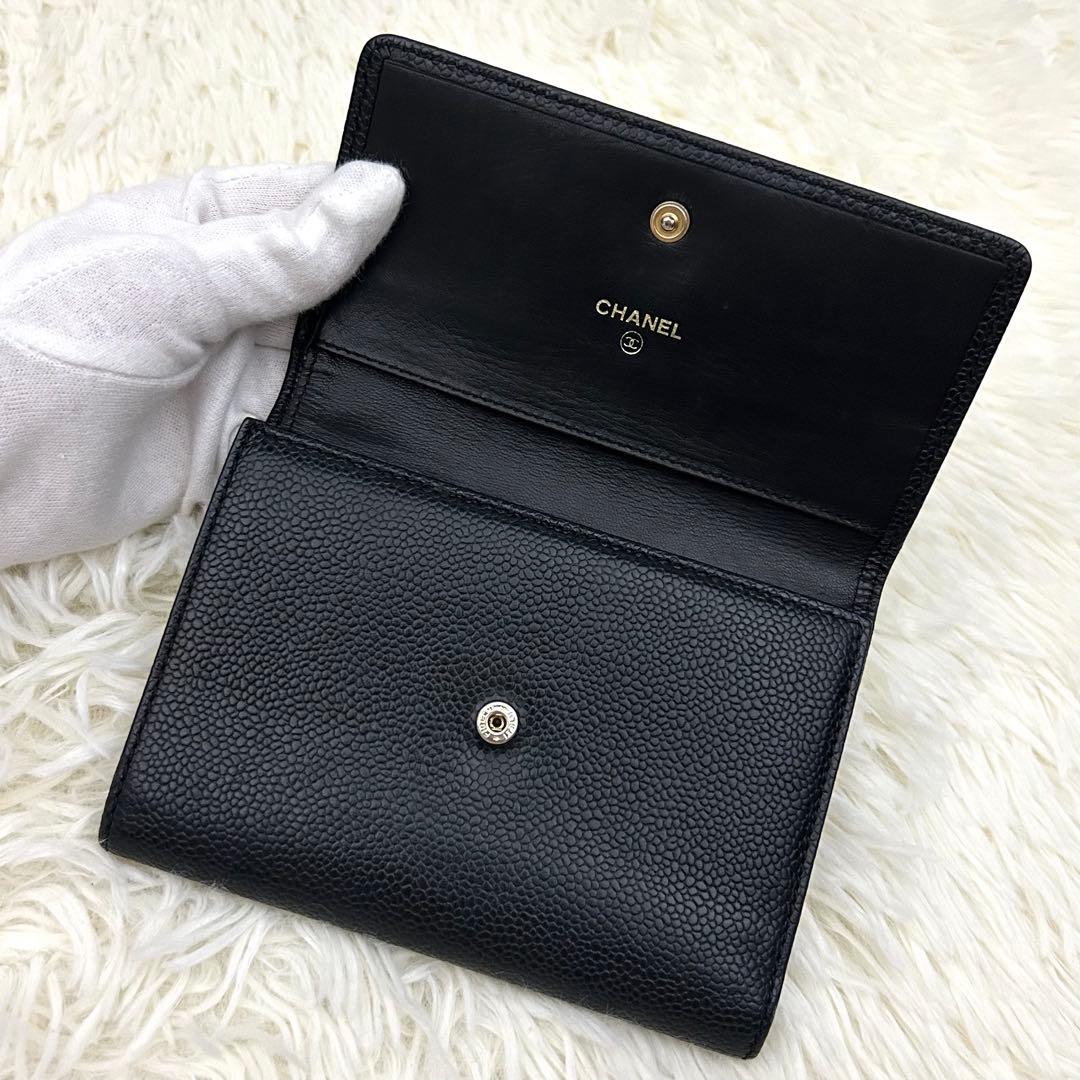 【美品】CHANEL シャネル ココマーク キャビアスキン 三つ折り財布