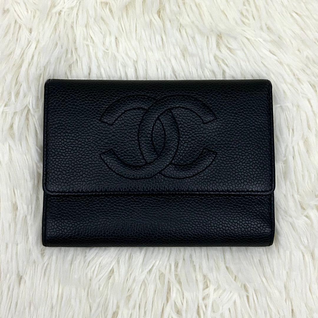 【美品】CHANEL シャネル ココマーク キャビアスキン 三つ折り財布
