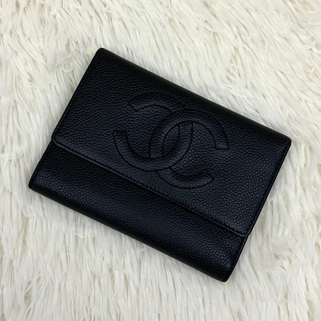 【美品】CHANEL シャネル ココマーク キャビアスキン 三つ折り財布