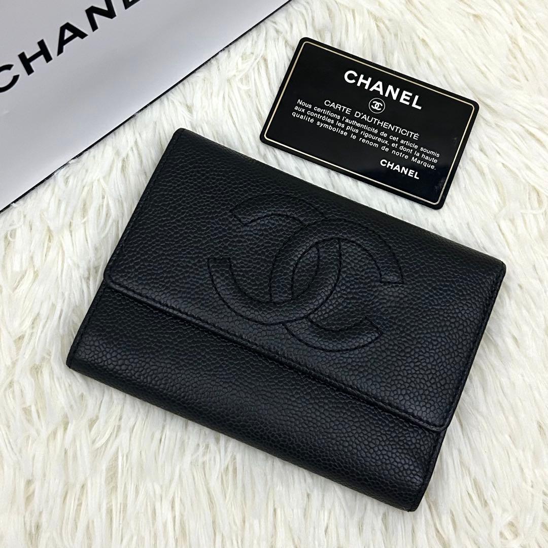 【美品】CHANEL シャネル ココマーク キャビアスキン 三つ折り財布