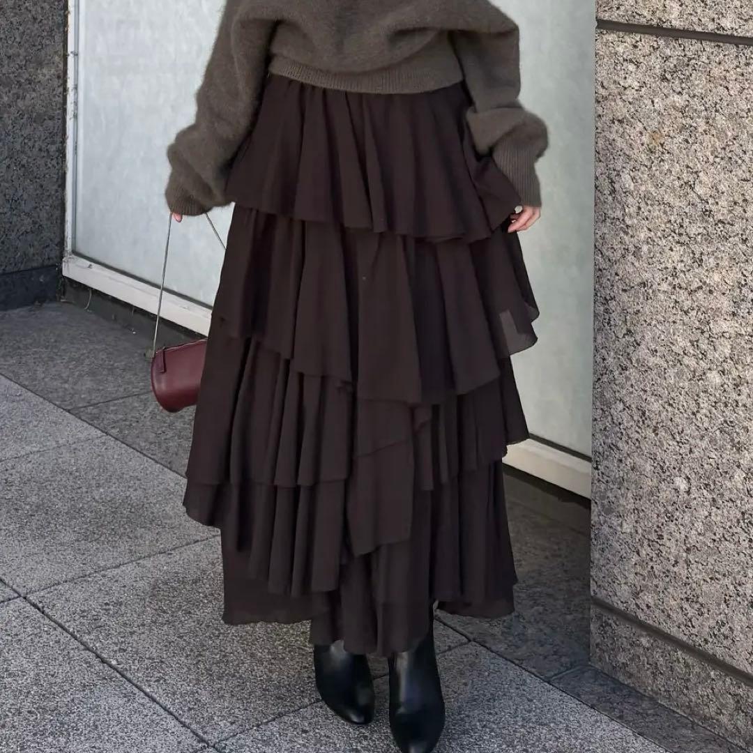 【新品タグ付き】anuans コットンクレープティアードスカートS /BROWN
